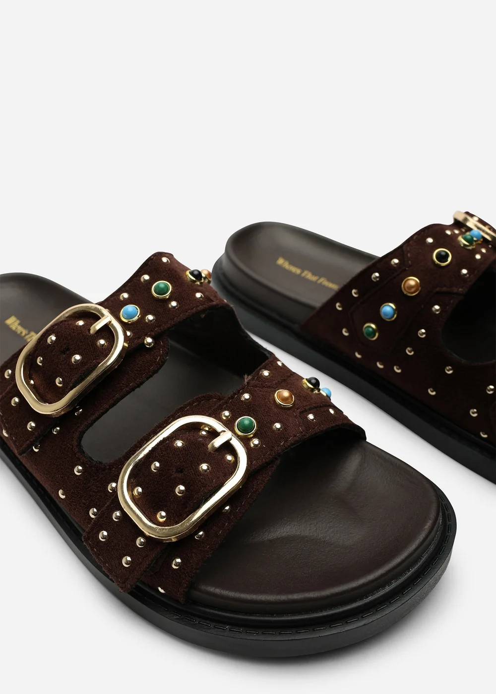 Ceylon Diamante Stud Dark Brown Double Buckle Slide On Sandal - 4 Image 6
