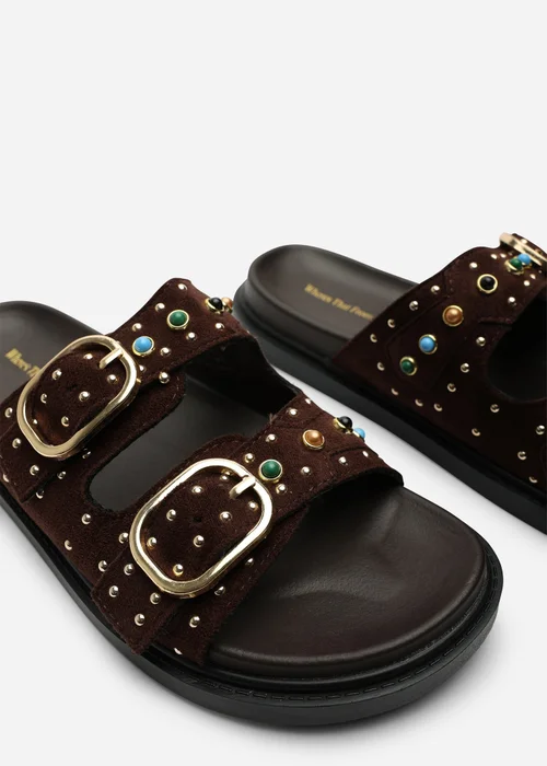 Ceylon Diamante Stud Dark Brown Double Buckle Slide On Sandal - 4 Image 6
