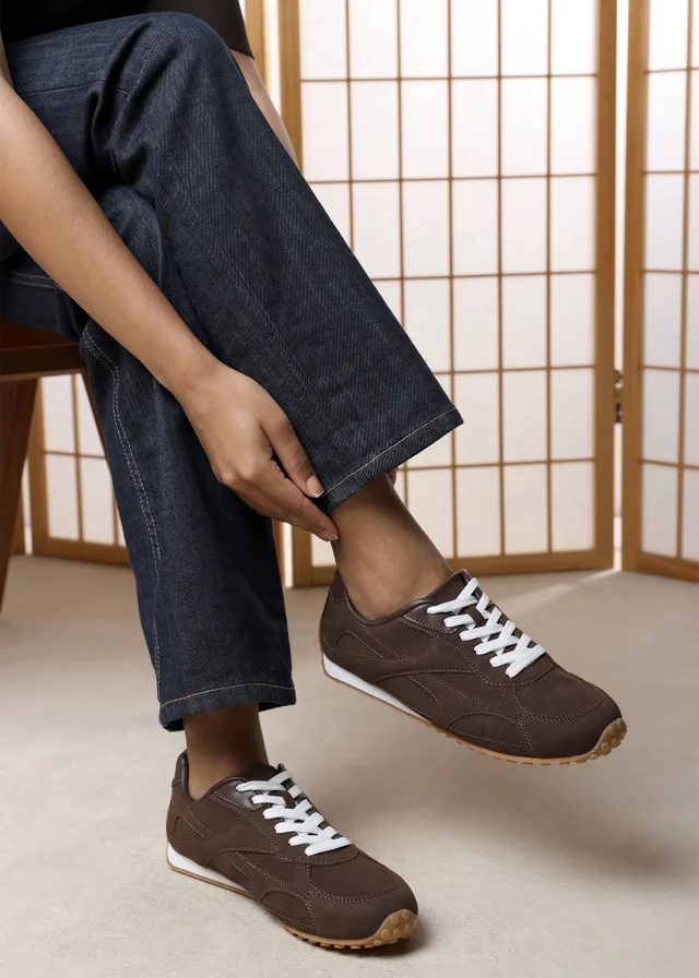 Where's That From Marleigh Brown Faux Suede Retro Runner Trainer