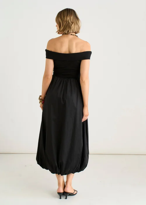 Gini London Black Bardot Jersey Mix Puff Ball Midi Dress - 10 Image 2