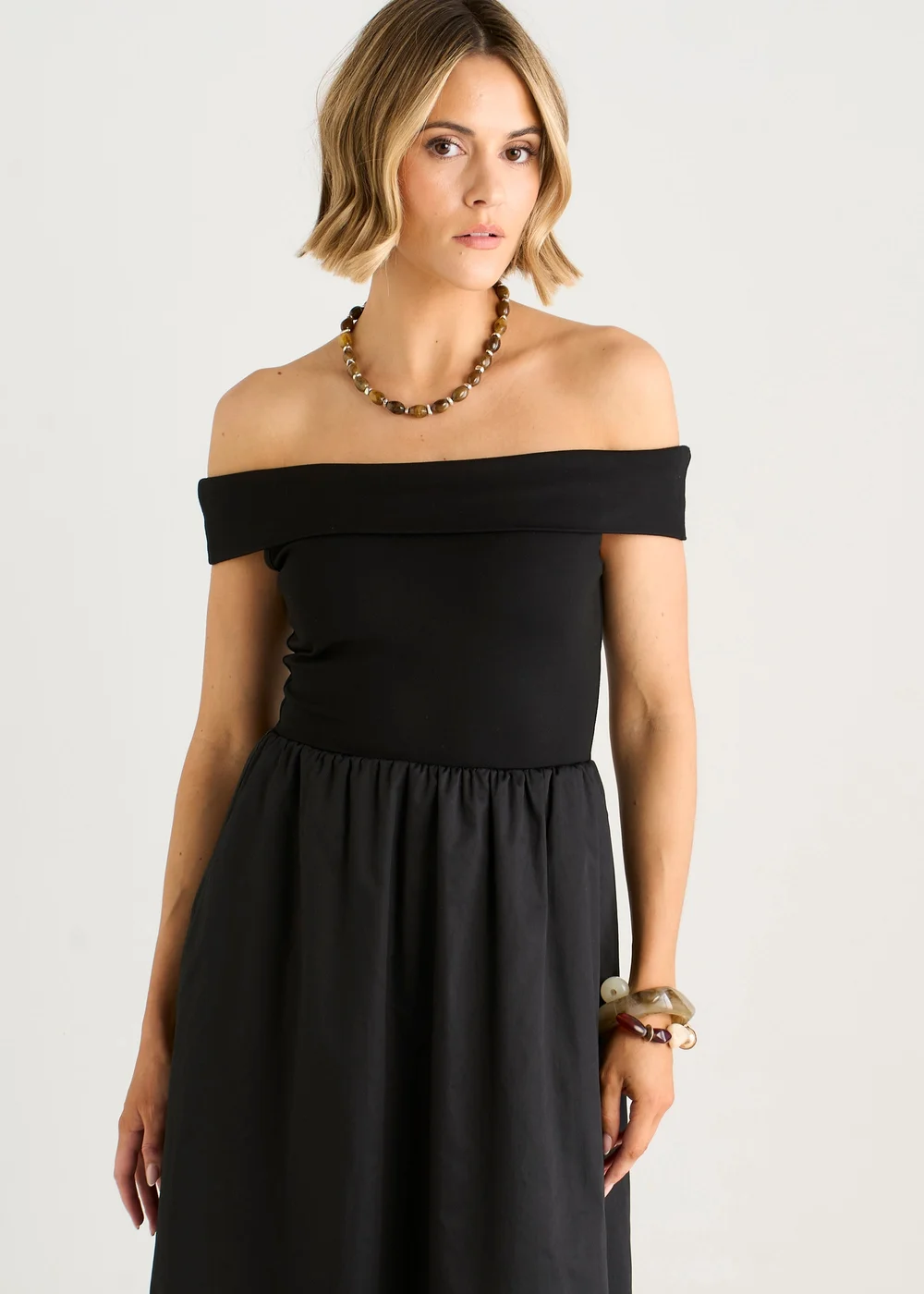 Gini London Black Bardot Jersey Mix Puff Ball Midi Dress - 10 Image 3