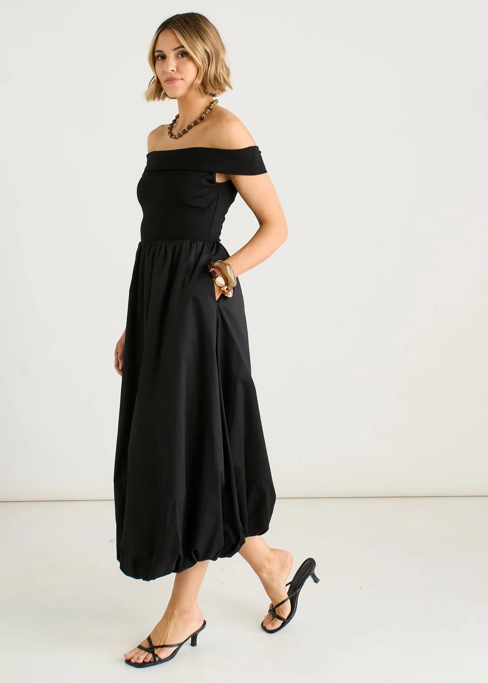 Gini London Black Bardot Jersey Mix Puff Ball Midi Dress - 10 Image 4