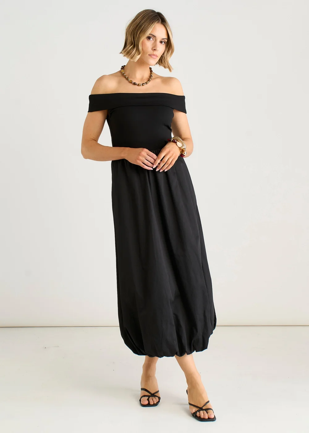 Gini London Black Bardot Jersey Mix Puff Ball Midi Dress - 10 Image 1