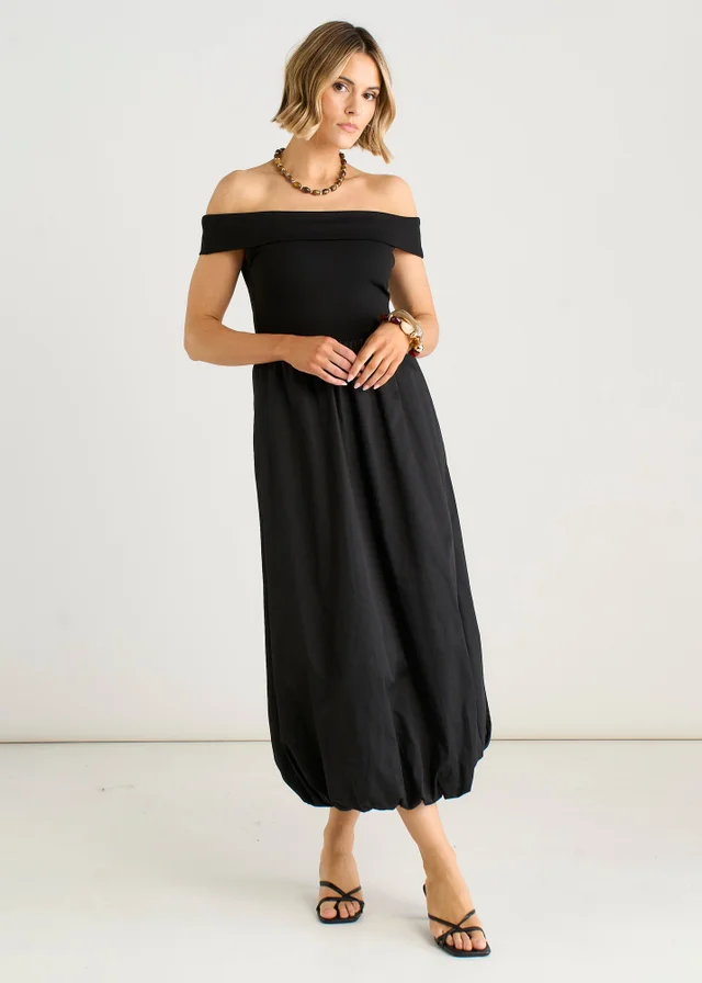 Gini London Black Bardot Jersey Mix Puff Ball Midi Dress