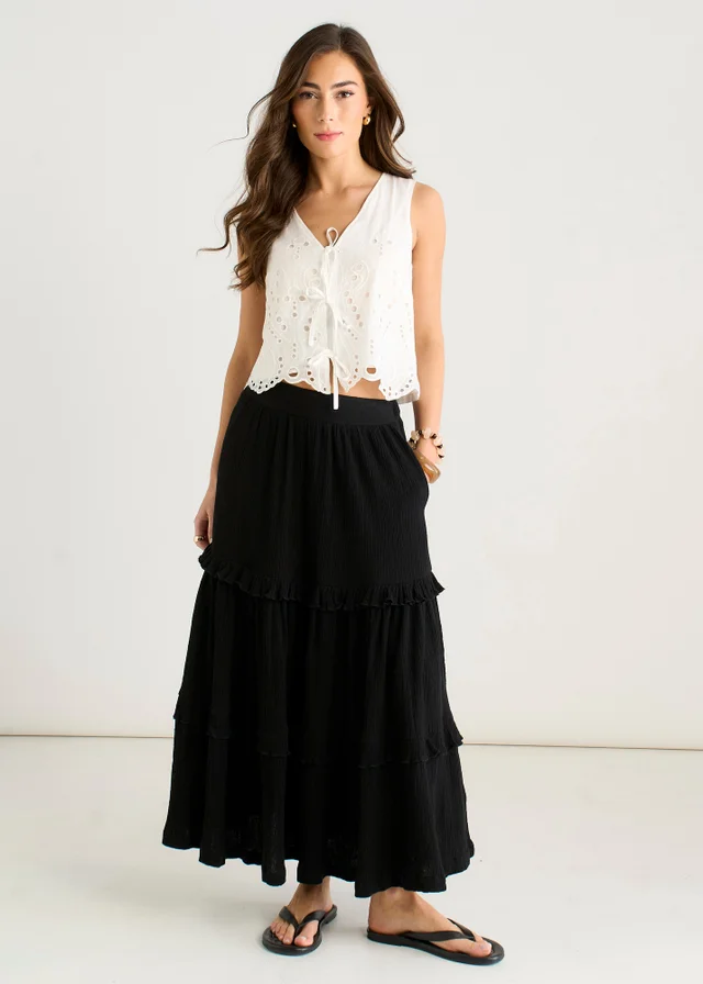 Gini London Black Tiered Cotton Skater Maxi skirt