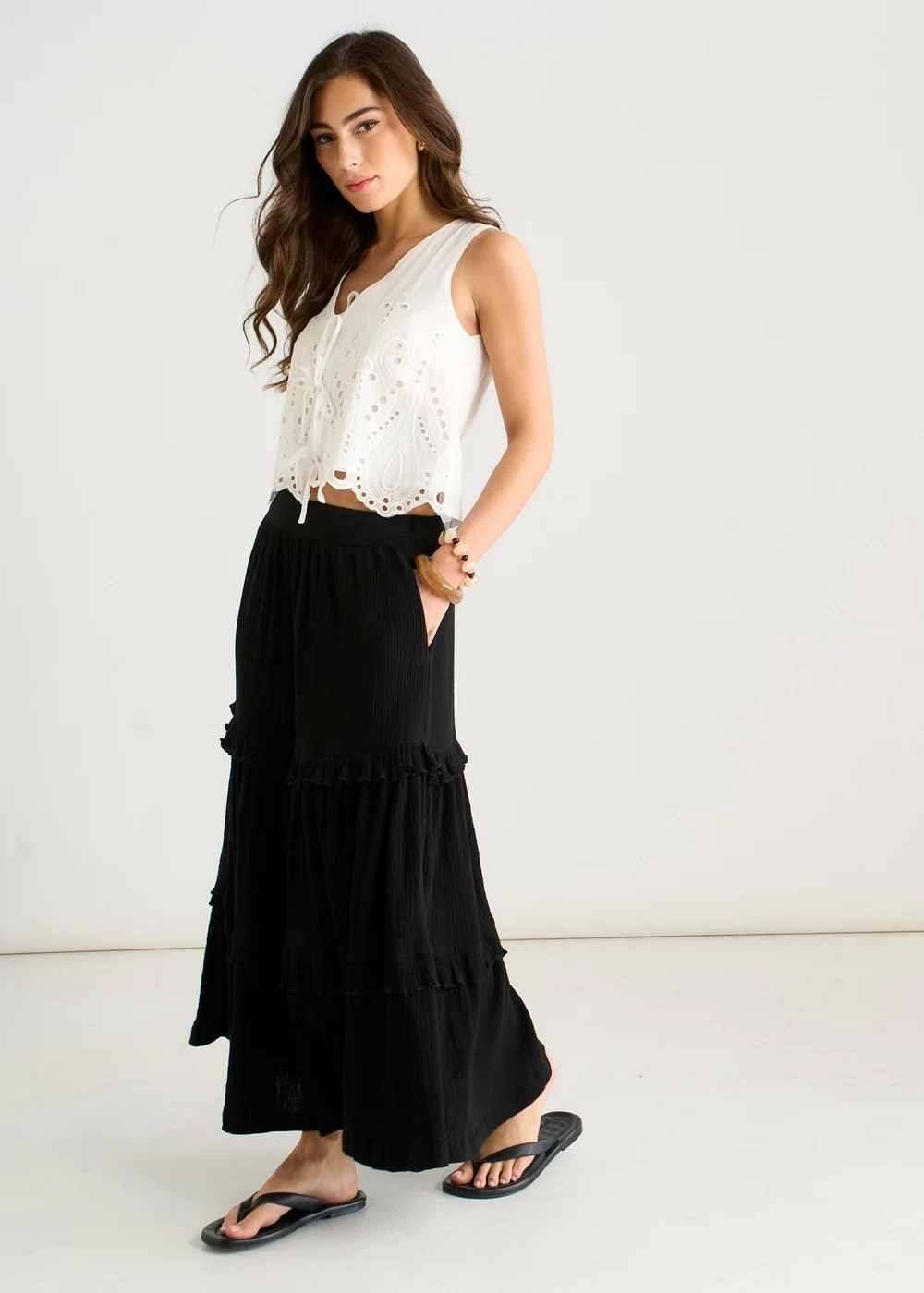 Gini London Black Tiered Cotton Skater Maxi skirt - 8 Image 4