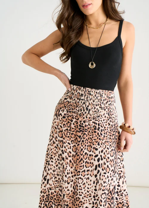 Gini London Brown Animal Print Elasticated Waist Skater Skirt - 14 Image 3