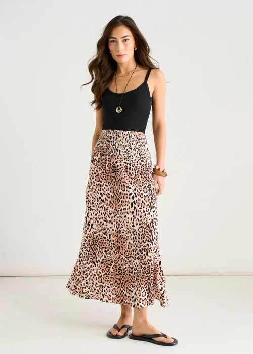 Gini London Brown Animal Print Elasticated Waist Skater Skirt - 14 Image 1