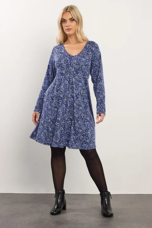 Yours Curve Blue Floral Print Pleat Front Dress - 22-24 Image 1