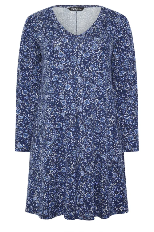 Yours Curve Blue Floral Print Pleat Front Dress - 22-24 Image 5