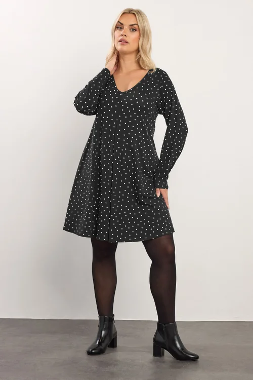 Yours Curve Black Polka Dot Pleat Front Dress - 16 Image 1