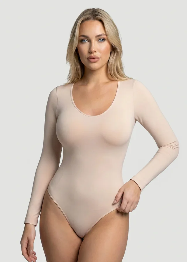 Public Desire Beige Long-Sleeve Seamless Sculpt Shapewear Bodysuit