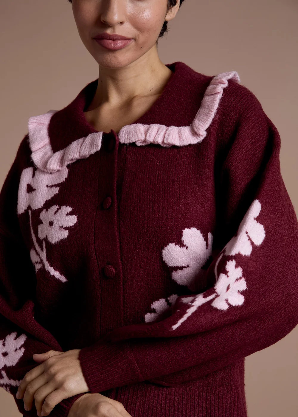 Neon Rose Burgundy Flower Intarsia Collared Cardigan - M Image 3