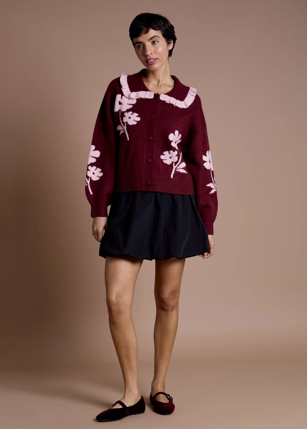 Neon Rose Burgundy Flower Intarsia Collared Cardigan - M Image 4