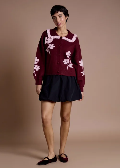 Neon Rose Burgundy Flower Intarsia Collared Cardigan - M Image 4
