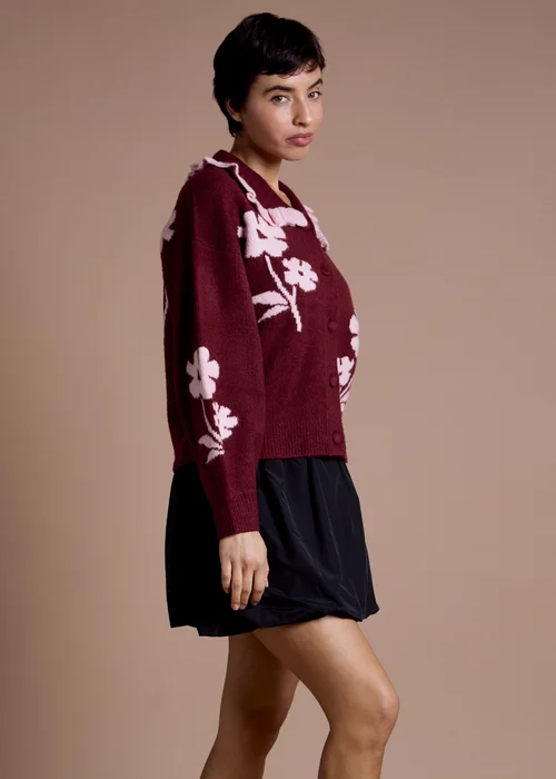 Neon Rose Burgundy Flower Intarsia Collared Cardigan - M Image 5