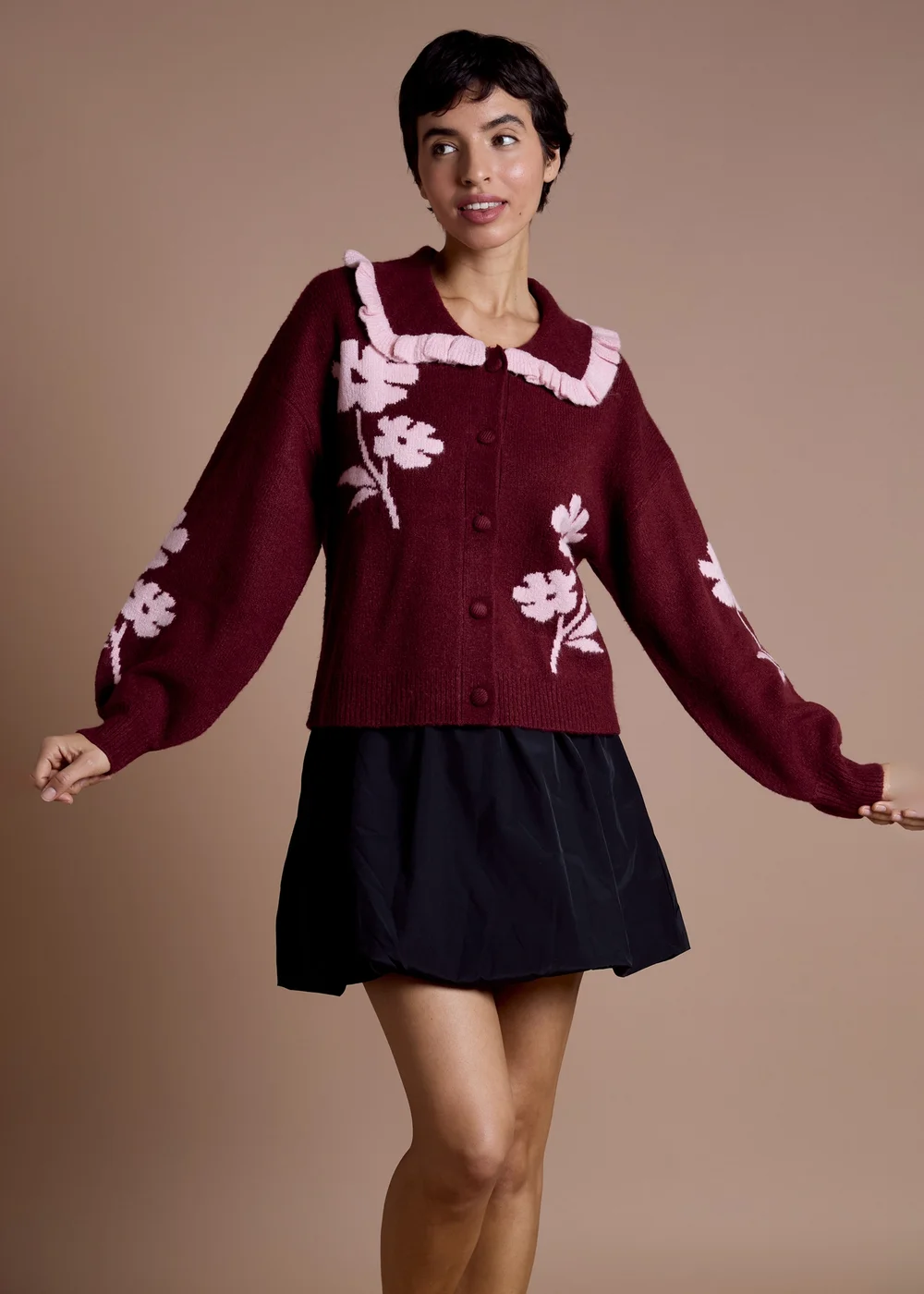 Neon Rose Burgundy Flower Intarsia Collared Cardigan - M Image 1
