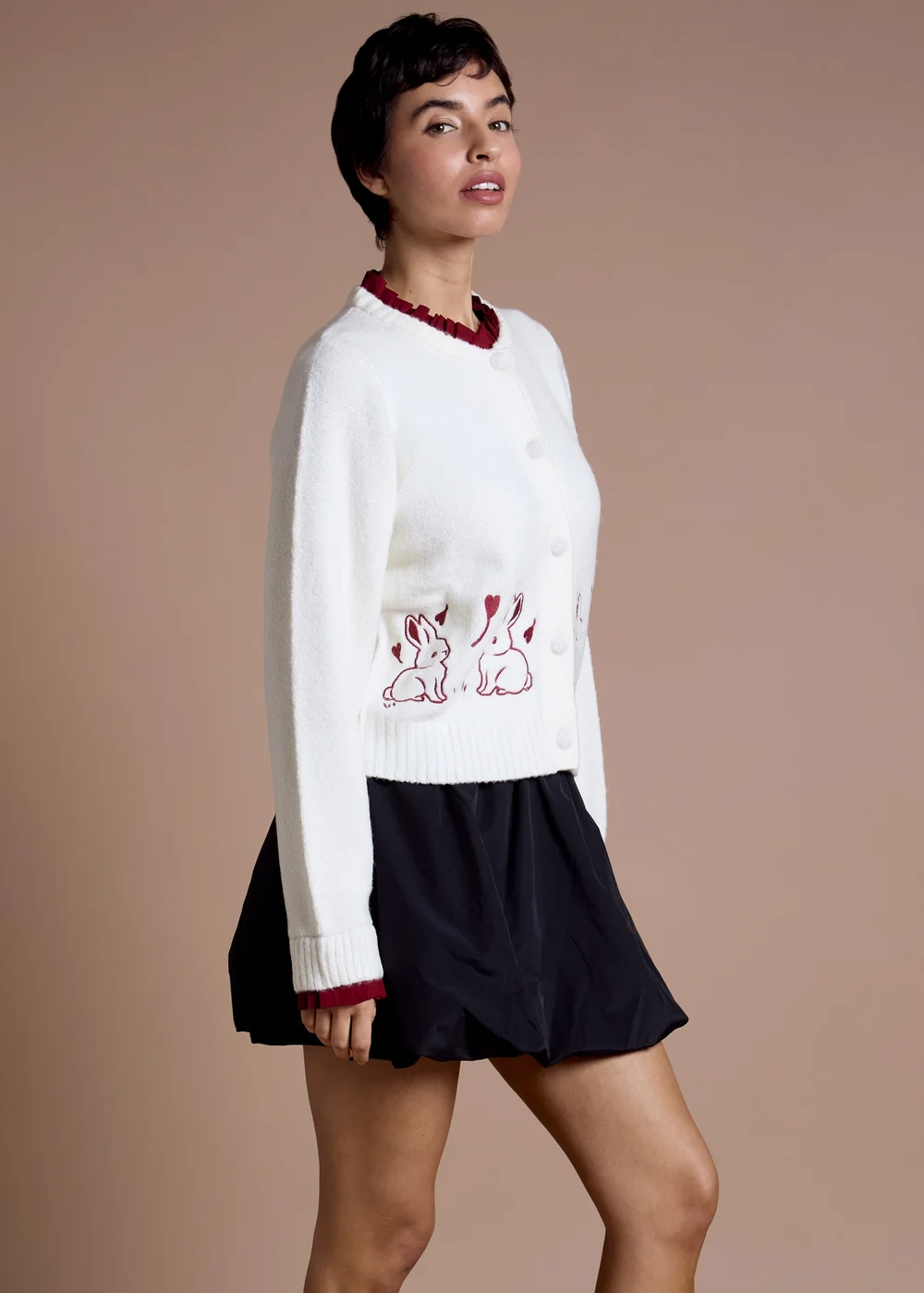 Neon Rose Cream Contrast Trim Bunny Embroidered Cardigan - XS Image 5