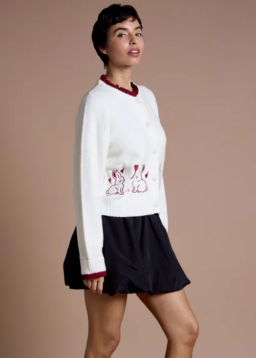 Neon Rose Cream Contrast Trim Bunny Embroidered Cardigan - XS Image 5