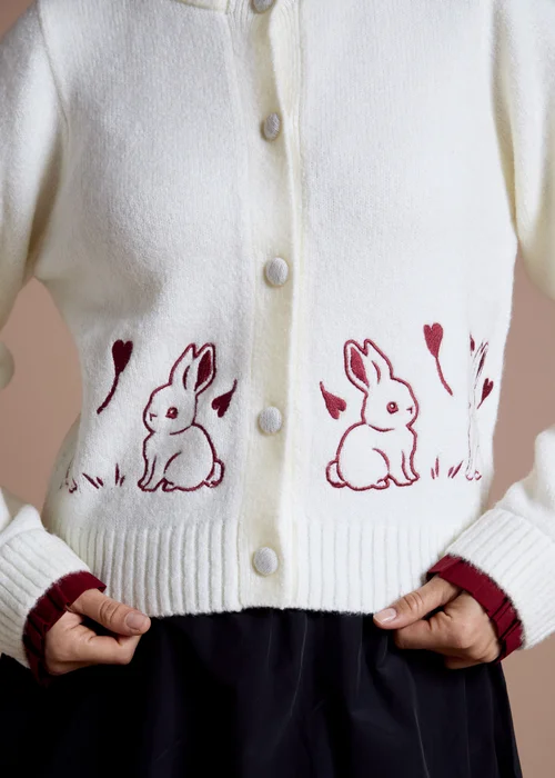 Neon Rose Cream Contrast Trim Bunny Embroidered Cardigan - XS Image 3