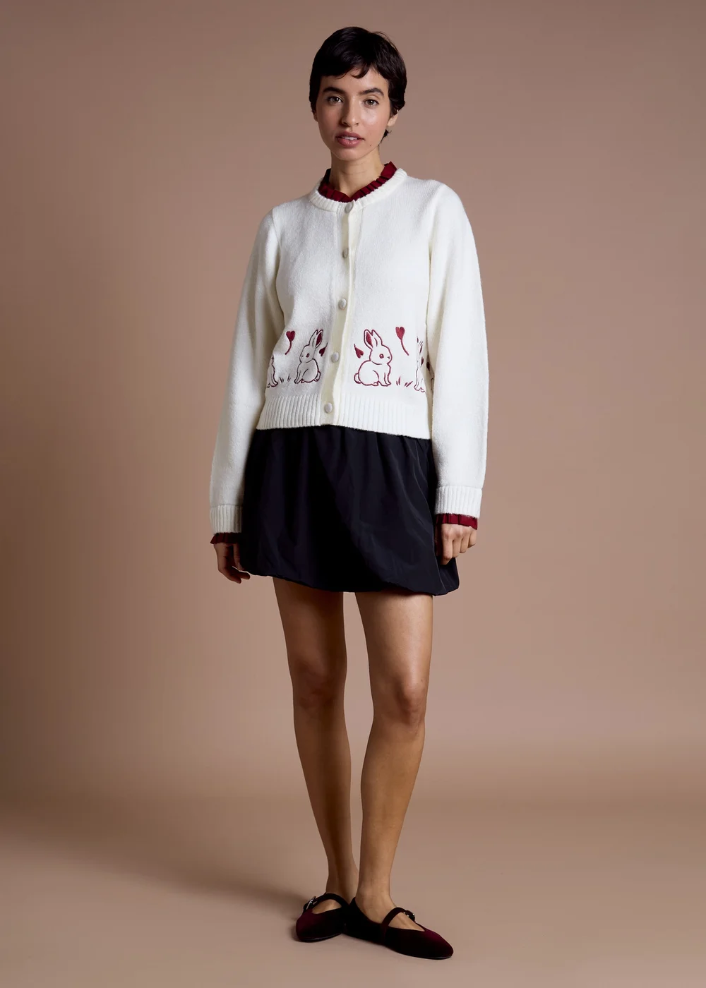 Neon Rose Cream Contrast Trim Bunny Embroidered Cardigan - XS Image 4