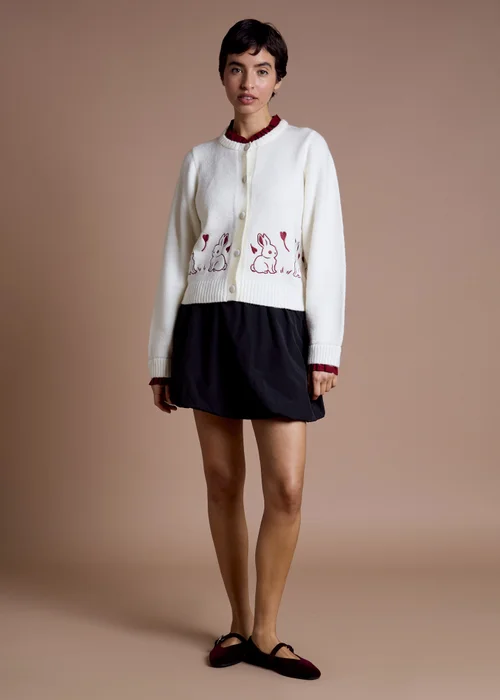 Neon Rose Cream Contrast Trim Bunny Embroidered Cardigan - XS Image 4