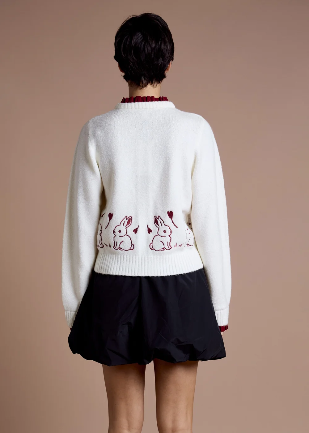 Neon Rose Cream Contrast Trim Bunny Embroidered Cardigan - XS Image 2