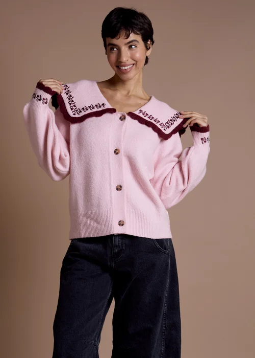 Neon Rose Pink Sailor Collar Floral Embroidered Cardigan - S Image 5