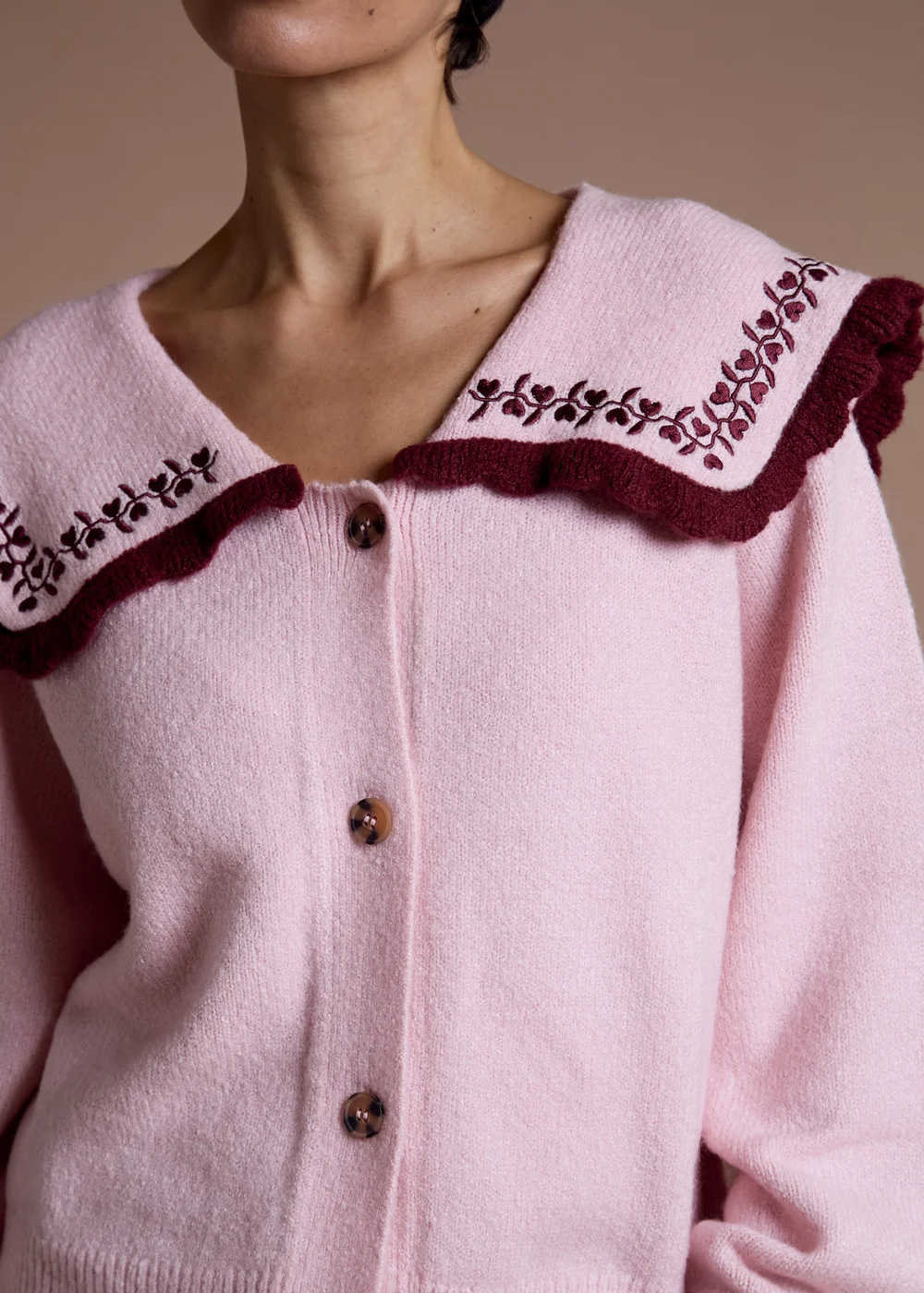 Neon Rose Pink Sailor Collar Floral Embroidered Cardigan - S Image 3