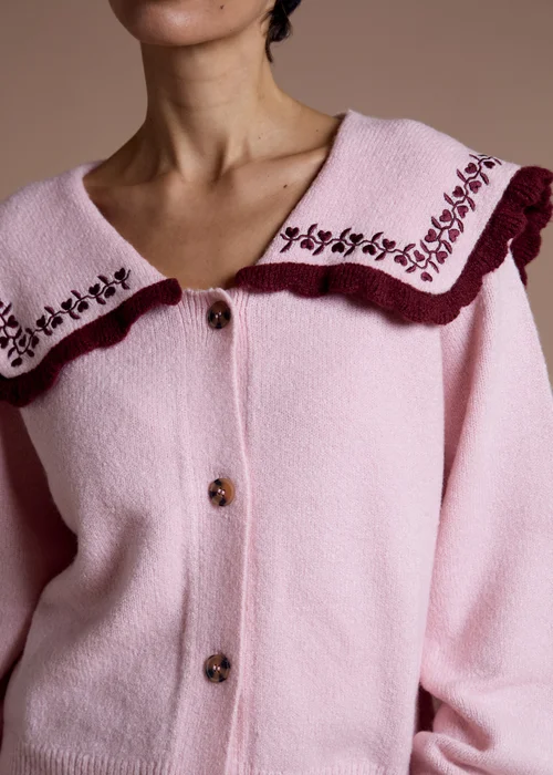 Neon Rose Pink Sailor Collar Floral Embroidered Cardigan - S Image 3