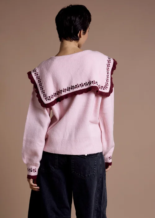 Neon Rose Pink Sailor Collar Floral Embroidered Cardigan - S Image 2