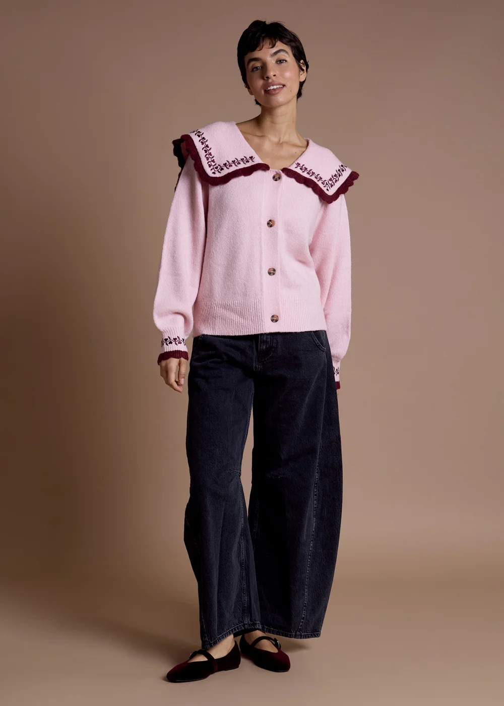 Neon Rose Pink Sailor Collar Floral Embroidered Cardigan - S Image 4