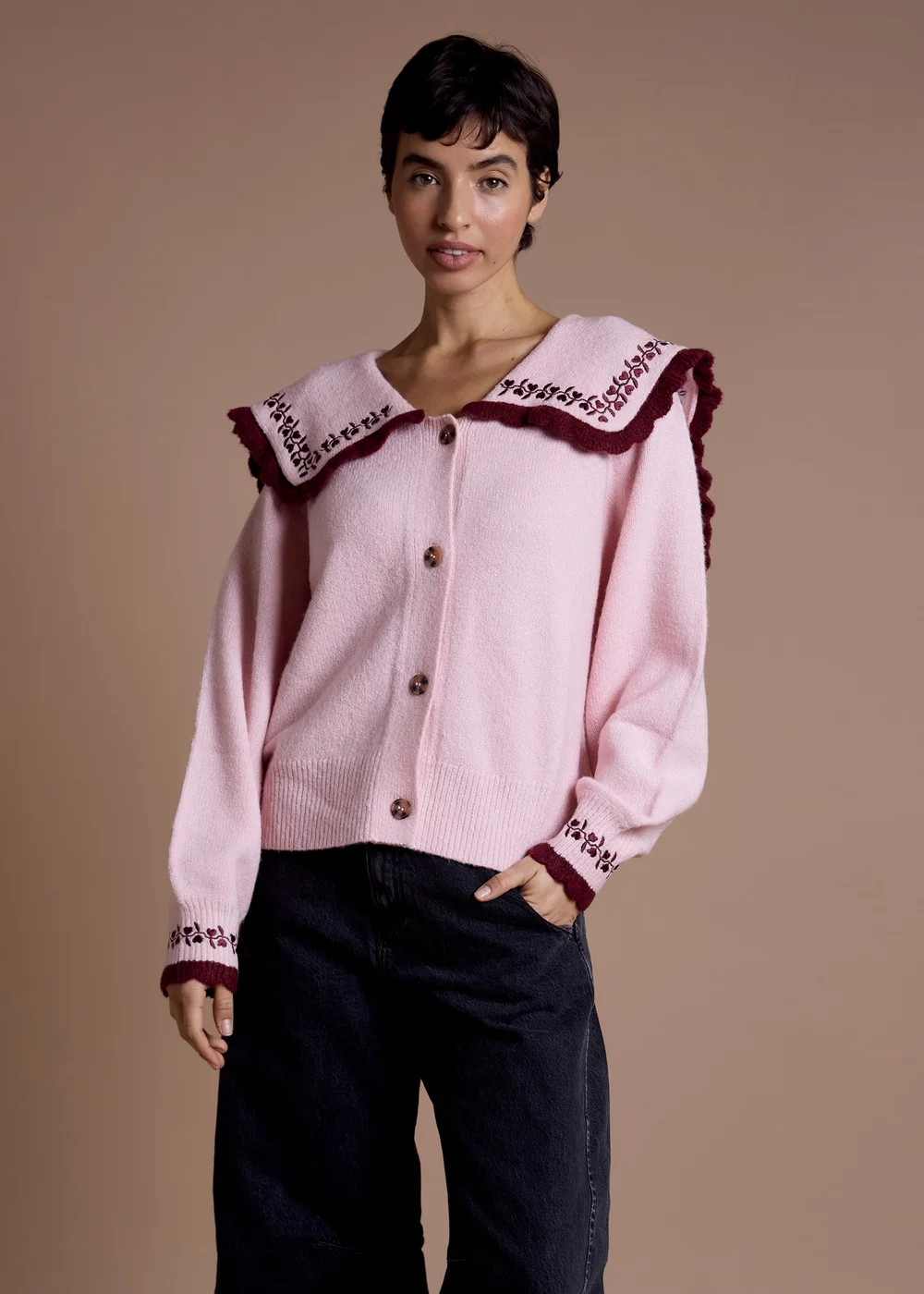 Neon Rose Pink Sailor Collar Floral Embroidered Cardigan - S Image 1