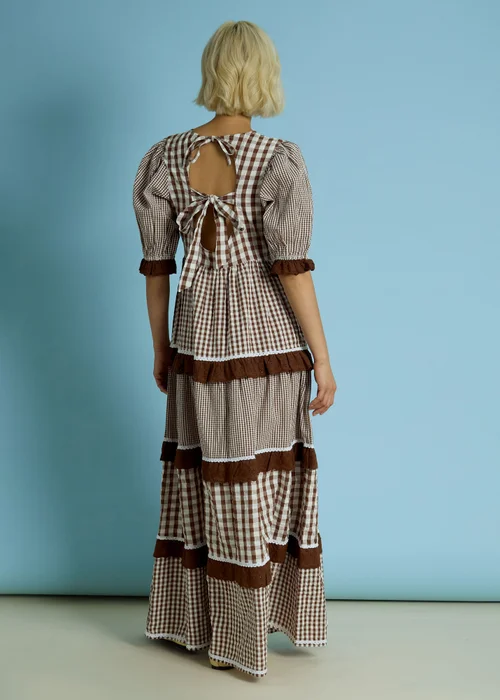 Neon Rose Brown Cotton Gingham Tiered Maxi Dress - M Image 2