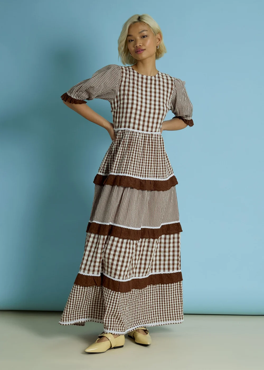 Neon Rose Brown Cotton Gingham Tiered Maxi Dress - M Image 4