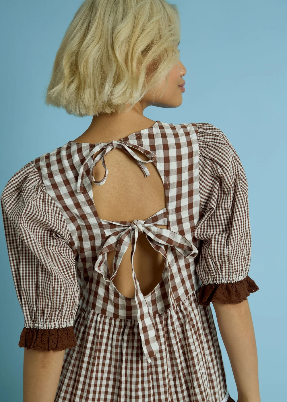 Neon Rose Brown Cotton Gingham Tiered Maxi Dress - M Image 3