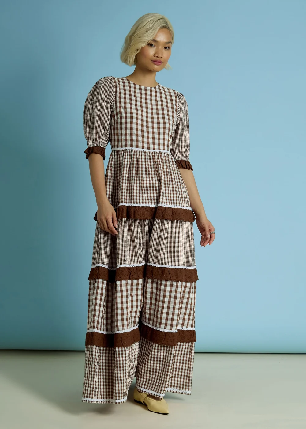 Neon Rose Brown Cotton Gingham Tiered Maxi Dress - M Image 1