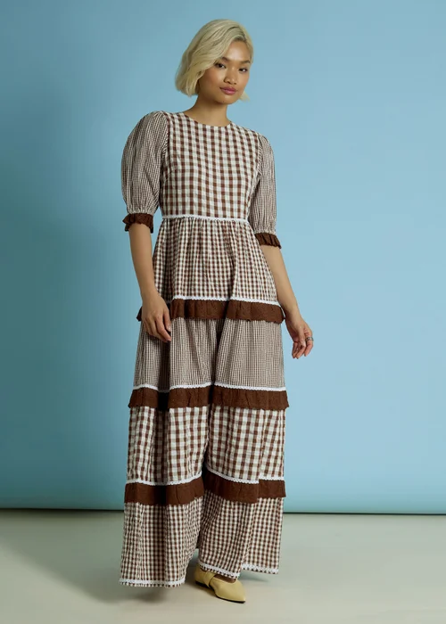 Neon Rose Brown Cotton Gingham Tiered Maxi Dress - M Image 1