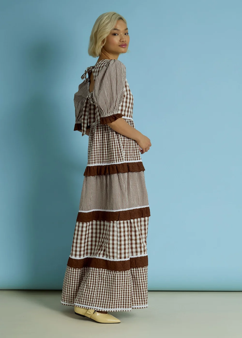 Neon Rose Brown Cotton Gingham Tiered Maxi Dress - M Image 5