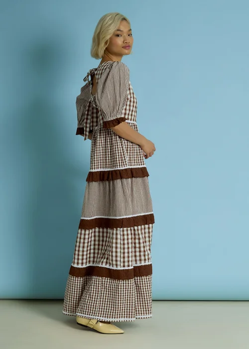 Neon Rose Brown Cotton Gingham Tiered Maxi Dress - M Image 5
