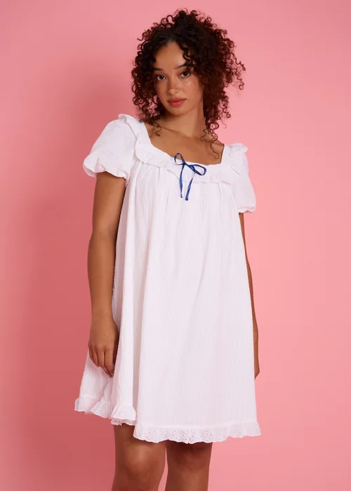 Neon Rose White Cotton Babydoll Mini Dress - M Image 1