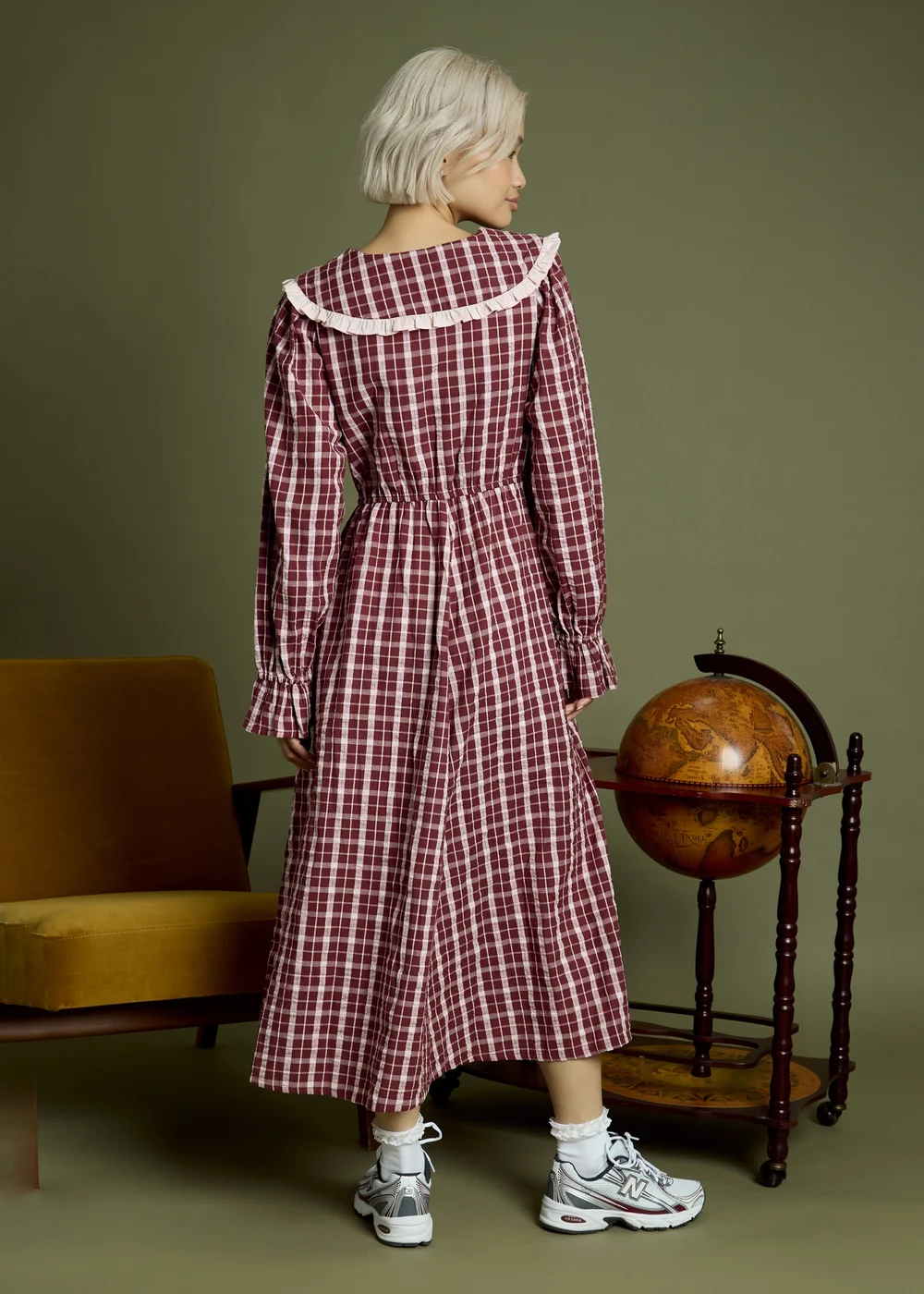 Neon Rose Burgundy Cotton Check V-Neck Midi Tea Dress - S Image 2