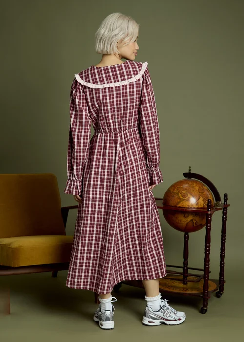 Neon Rose Burgundy Cotton Check V-Neck Midi Tea Dress - S Image 2
