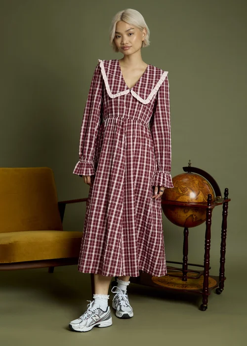 Neon Rose Burgundy Cotton Check V-Neck Midi Tea Dress - S Image 1