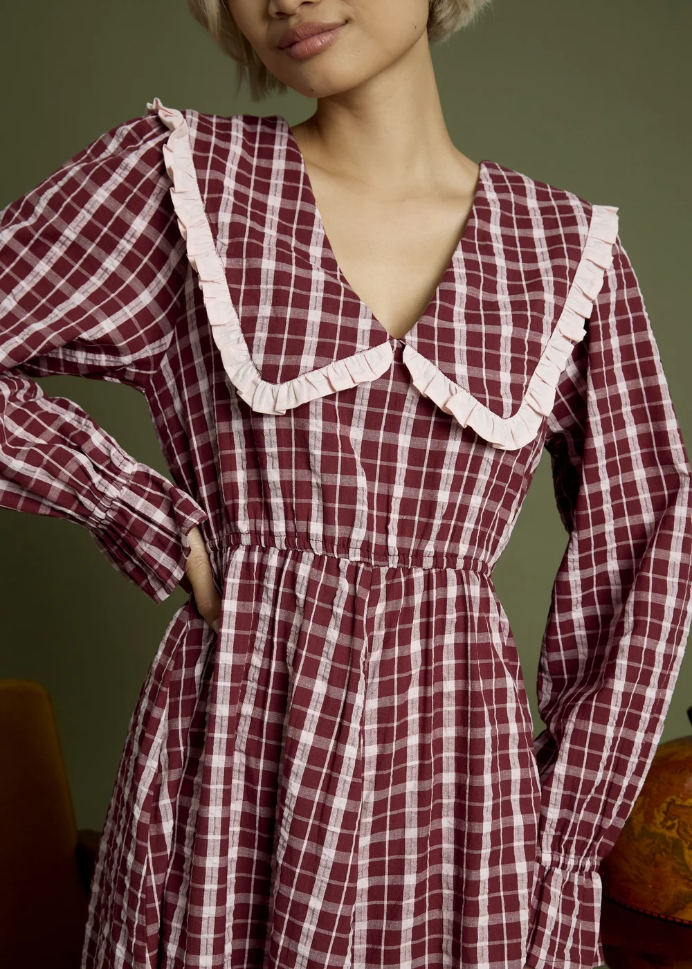 Neon Rose Burgundy Cotton Check V-Neck Midi Tea Dress - S Image 3