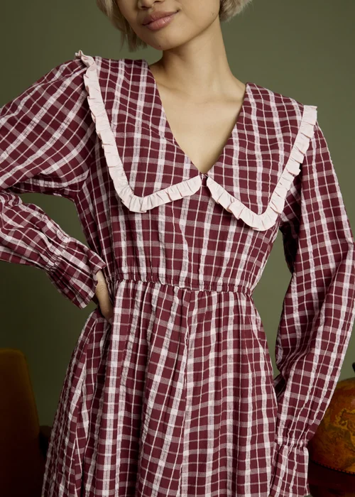 Neon Rose Burgundy Cotton Check V-Neck Midi Tea Dress - S Image 3