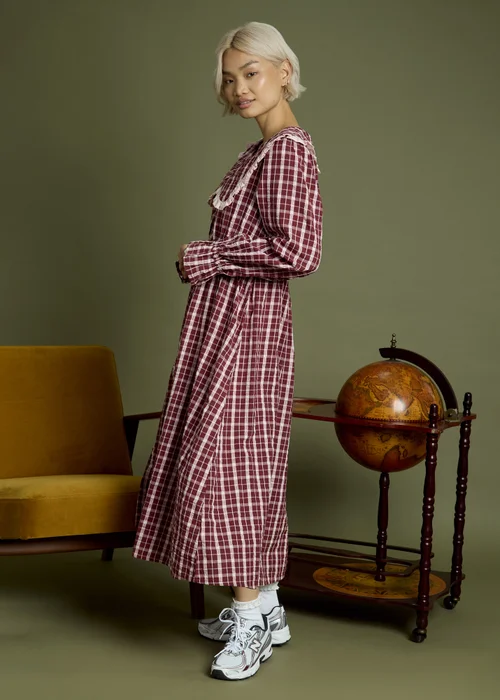 Neon Rose Burgundy Cotton Check V-Neck Midi Tea Dress - S Image 4