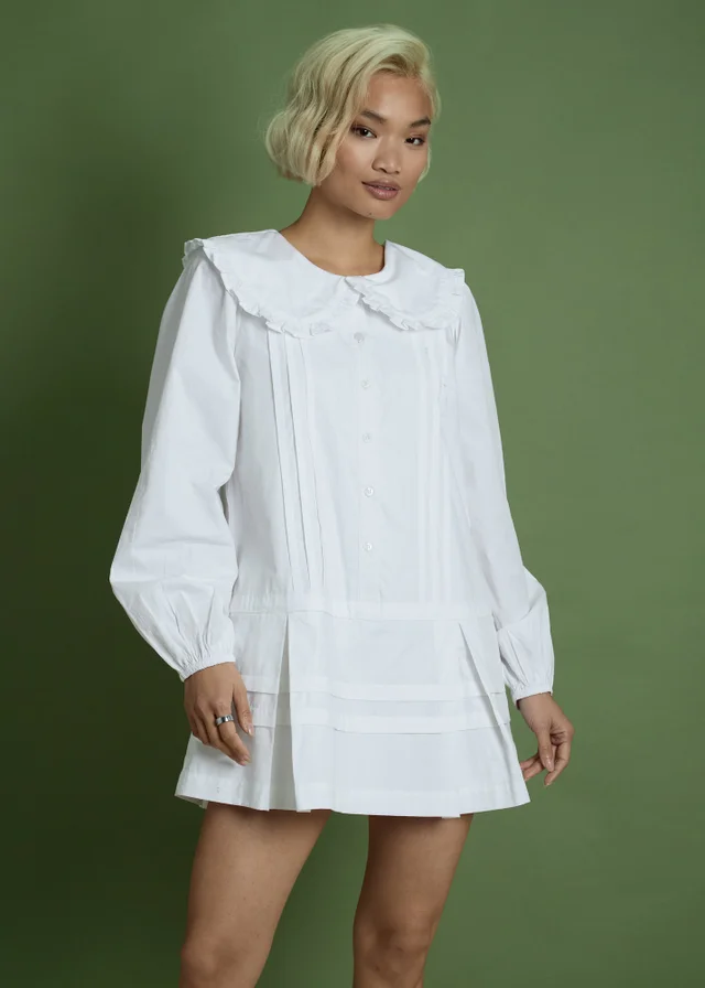 Neon Rose White Cotton Peter Pan Collar Drop Hem Dress