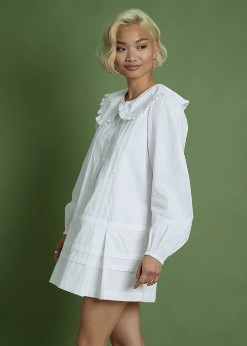 Neon Rose White Cotton Peter Pan Collar Drop Hem Dress - S Image 3