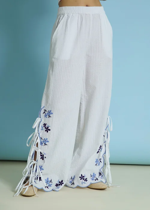 Neon Rose White Cotton Stretch Tie Side Floral Embroidered Trousers - L Image 1